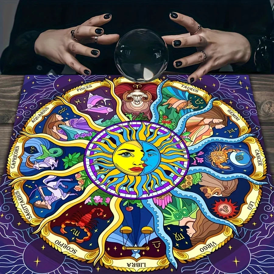 🃏VIKAMA Zodiac Sun Center Tablecloth – Waterproof Starry Sky Astrology Cloth for Metaphysical Divination, Energy Meditation & Mystic Home Decor YLB-558