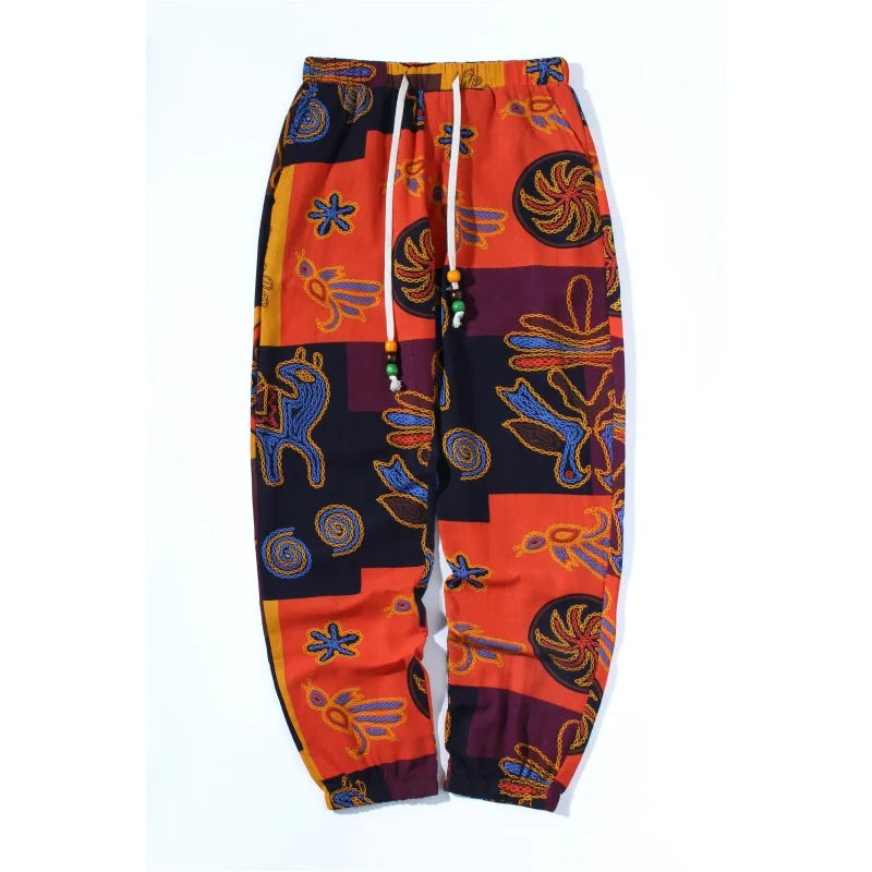 🌍 The Boho-Tribal Heritage Jogger: Premium Men’s Cotton-Linen Stretch Pants – High-Definition Tribal Graphic Print, Lightweight Breathable Fabric with Deep Pockets and Signature Drawstring Waist Orange