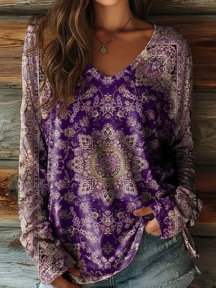 Vintage Women's Floral T-Shirt - Elegant Long Sleeve V-Neck Pullover for Fall and Winter AFZHH2025241CW