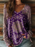 Vintage Women's Floral T-Shirt - Elegant Long Sleeve V-Neck Pullover for Fall and Winter AFZHH2025241CW