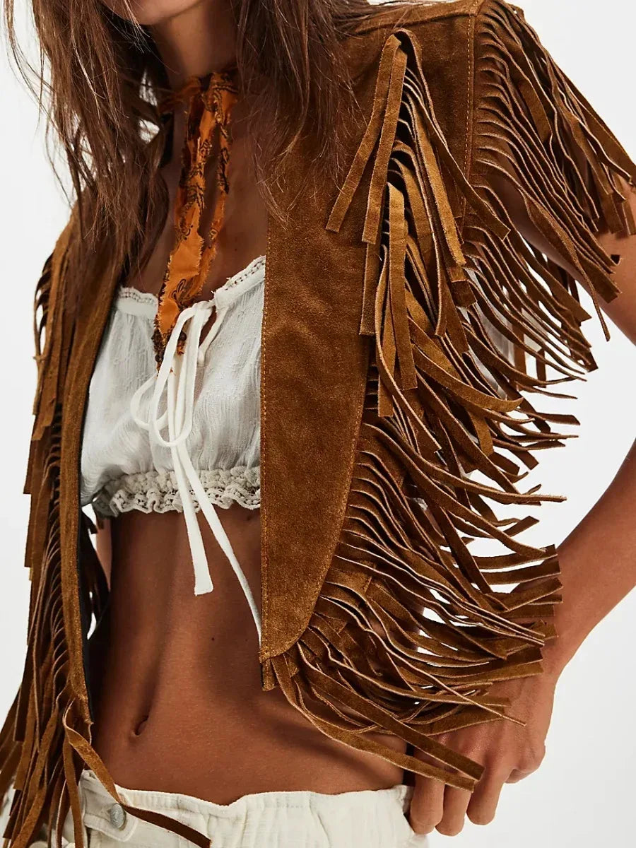 Women’s Tassel Vest - Y2K Boho Fringe Sleeveless Jacket with Suede Collar and Open Front