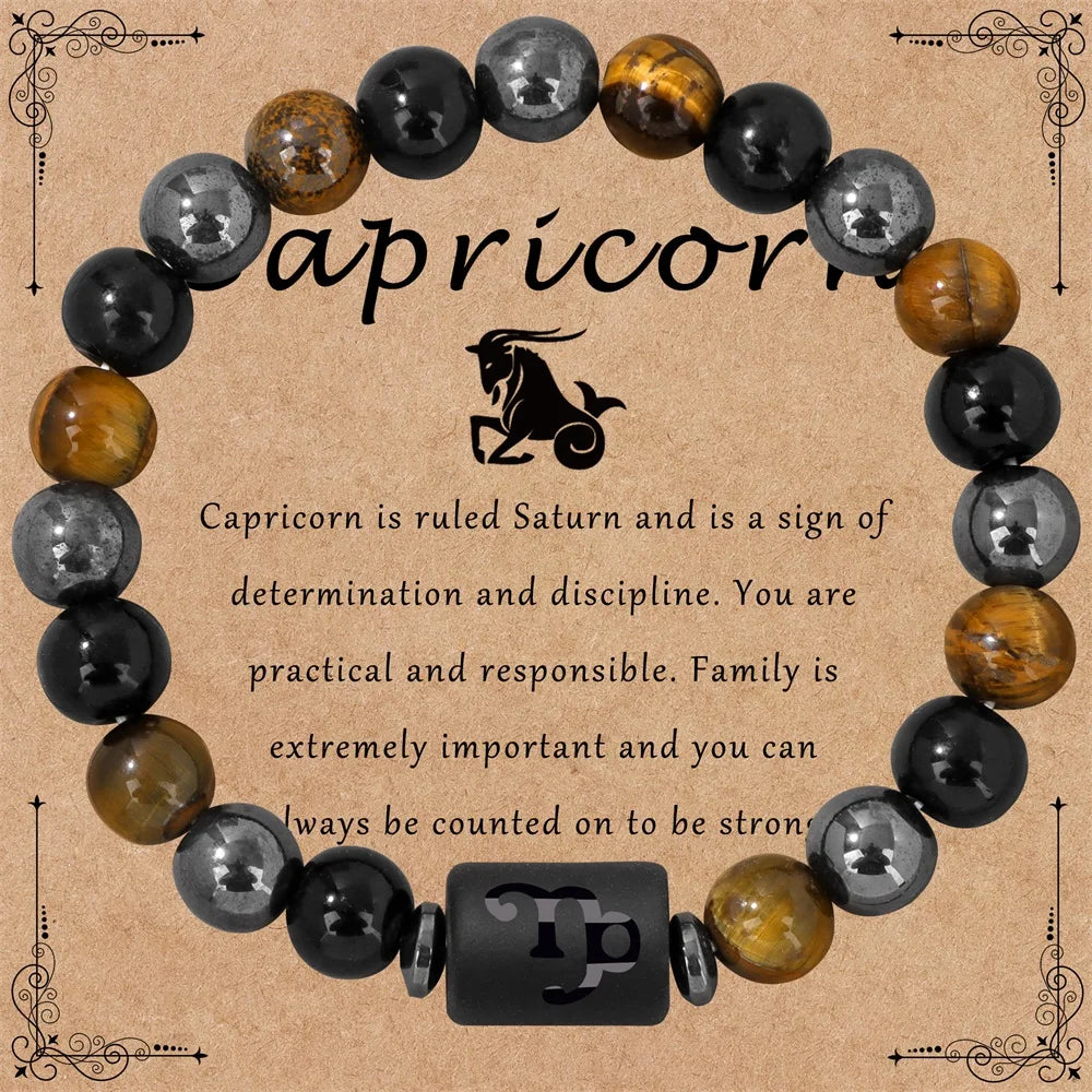 ✨ 12 Constellation Zodiac Sign Bracelet – Tiger Eye, Hematite & Obsidian Triple Protection Stone Beaded Bangle – Empowering Energy Jewelry Gift Capricorn