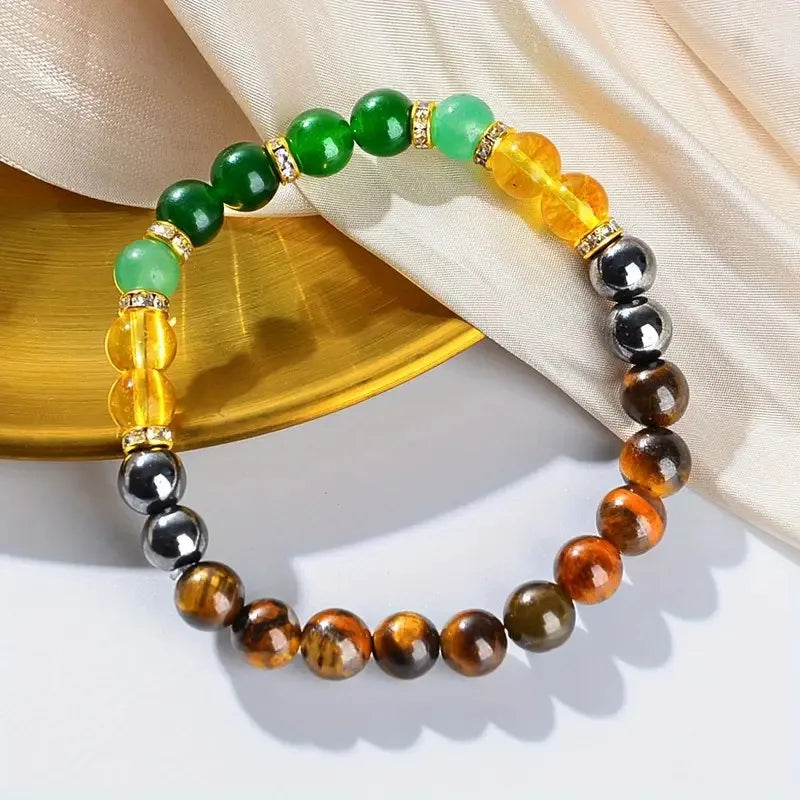 ✨ Lucky Money Attracting Natural Stone Bracelet – Tiger’s Eye, Green Donglin, and Yellow Crystal String Bracelet for Men & Women – Stress-Relief & Prosperity