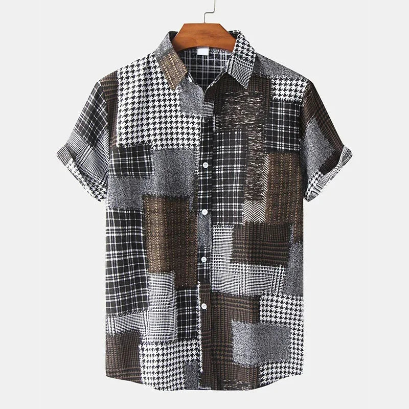 🎨 The Chromatic Patchwork Aloha Masterpiece: Premium Men's Vintage-Style Hawaiian Shirt – High-Definition Colorful Geometric Print, Breathable Short-Sleeve Button-Down, and Signature Loose-Fit Silhouette Shirts-YSY06715