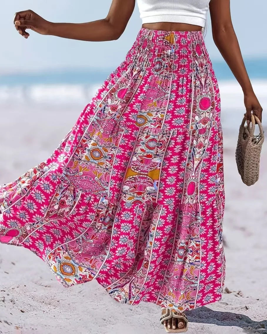 👗 Fashion Boho Printed Long Skirt – Casual Retro Vacation Style with Elastic Waist and A-line Big Hem for Women, Spring Summer New