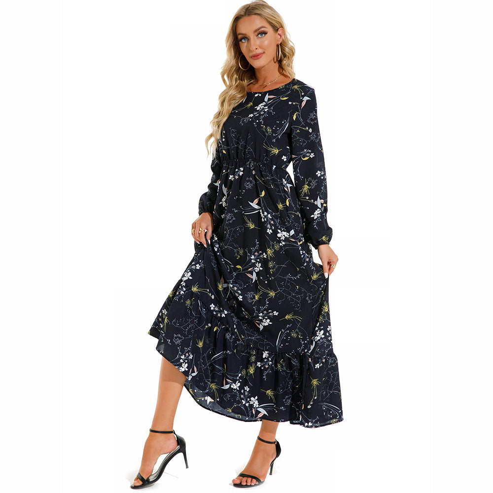 👗 Women’s Bohemian Maxi Dress – Spring Autumn Casual Chiffon Dress with Full Sleeves, High Waist, and Floral Print