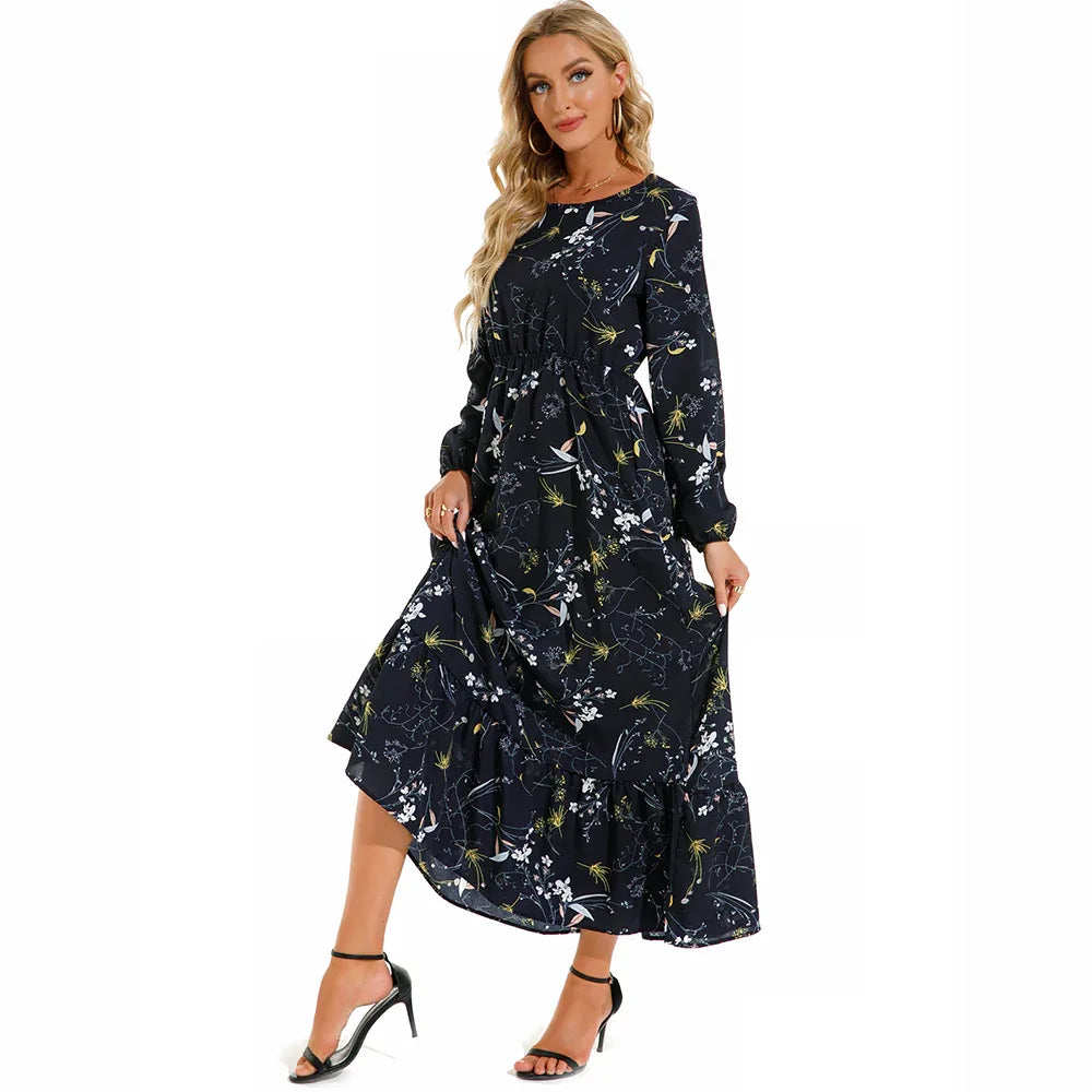 Women’s Bohemian Maxi Dress - Casual Chiffon Dress with Full Sleeves, High Waist, and Floral Print for Spring and Autumn
