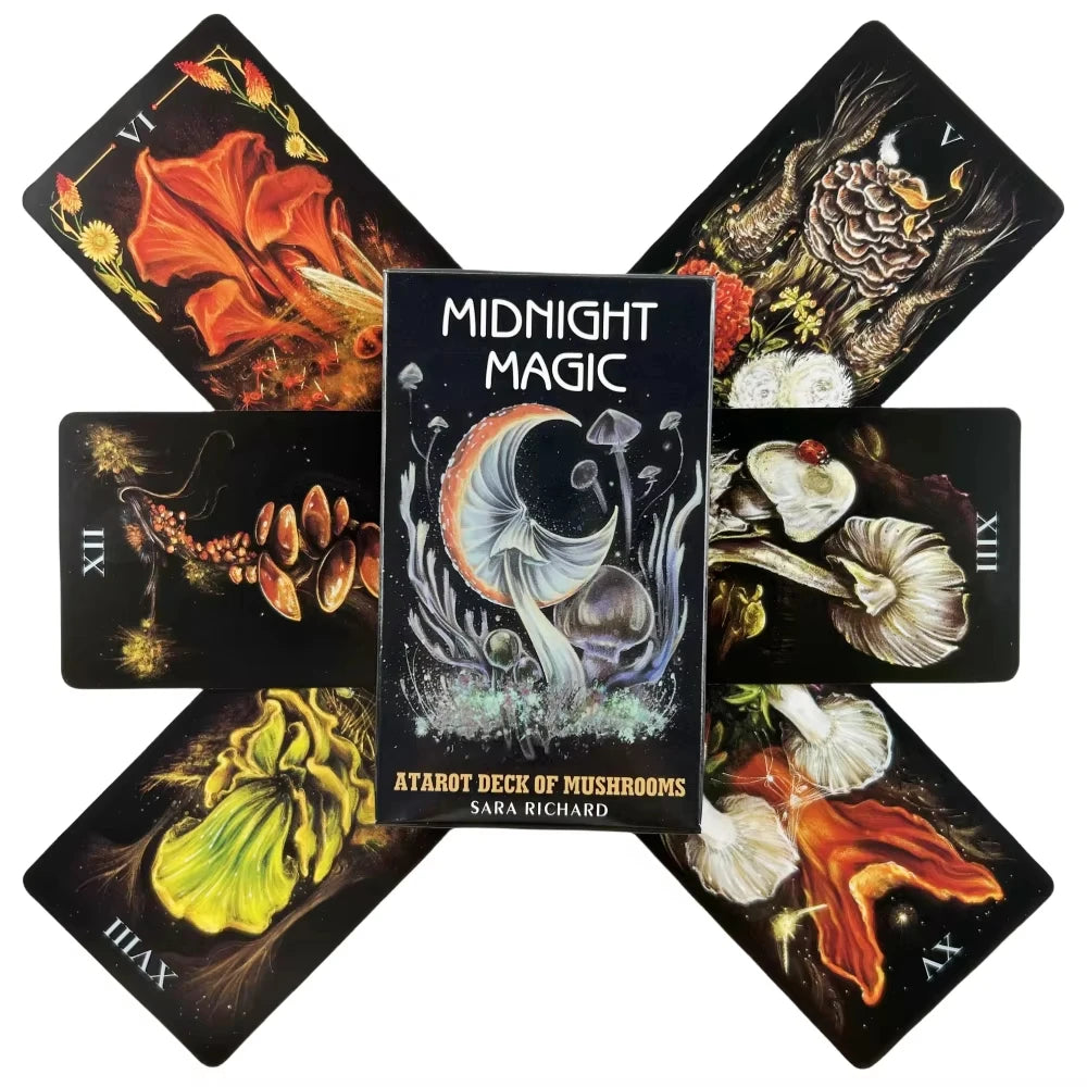 🍄 Midnight Magic Tarot Deck of Mushrooms – 78 Unique Cards | Rider-Waite Based | Stunning Fungi Illustrations | 138-Page Full-Color Guidebook Included | Compact Size 10.3 x 6 cm