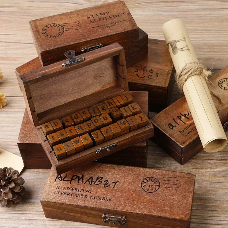 🔤 Wooden Alphabet Letter Stamps Set – Vintage Uppercase & Lowercase Rubber Stamps with DIY Self Ink Pad | Perfect for Diary, Album, Handmade Art & Craft
