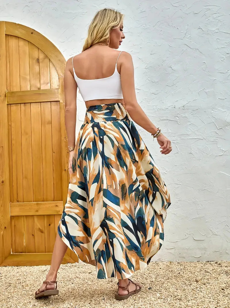 🌸 Bohemian Boho Vintage Floral Print Skirts – Women’s Summer High Waist A-Line Pleated Elastic Waist Long Skirts, Casual Holiday Beachwear
