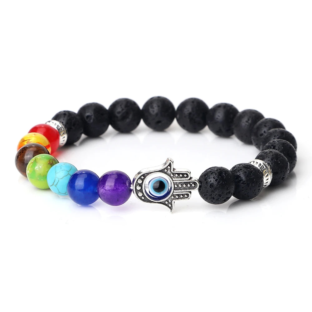 🧿 7 Chakra Protection Bracelet for Men: Natural Tiger Eye & Lava Stone with Evil Eye & Hamsa Hand – Anxiety Relief, Luck & Energy Healing Bangle Black Lava