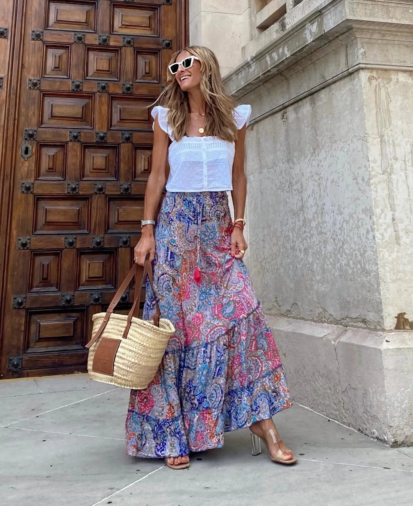 🌟 Bohemian Style Printed A-line Skirt Women Fashion Beach Vacation Loose Drawstring Ruffles Skirts Female Summer New Streetwear﻿