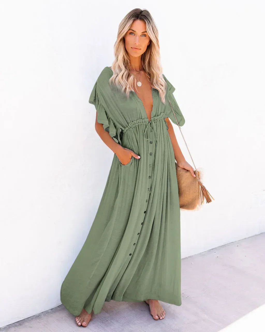 Summer Bikini Cover Ups for Women - V-Neck Kimono Beach Dresses with Lace-Up Detail and Sun Protection Features One Size Blue