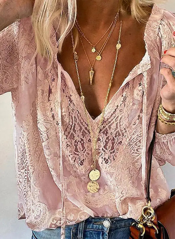 🛍️ 2025 Women’s Boho Lace Hollow Out Deep V Neck Pullover Blouse – Elegant Casual Tops for Spring & Summer Pink