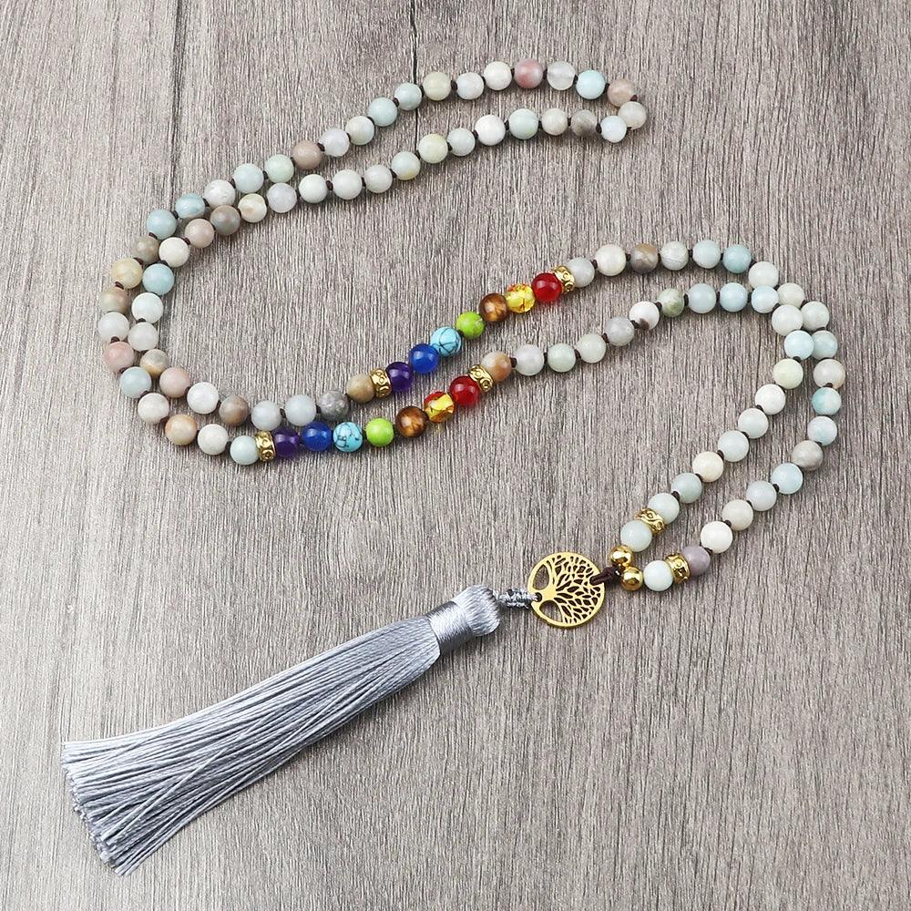🐯 Tiger Eye & Black Onyx 108 Mala Necklace with Tree of Life Pendant – 7 Chakra Healing Crystal Beads & Protection Rosary Jewelry for Men & Women