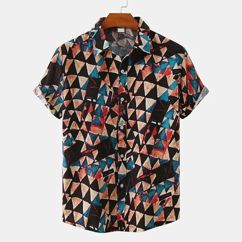 🎨 The Chromatic Patchwork Aloha Masterpiece: Premium Men's Vintage-Style Hawaiian Shirt – High-Definition Colorful Geometric Print, Breathable Short-Sleeve Button-Down, and Signature Loose-Fit Silhouette