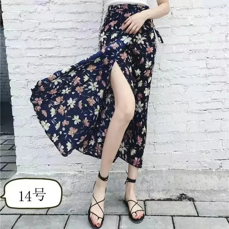 🌟 Summer Beach Floral Skirt for Women Cotton High Waist Wrap Maxi Skirt Long with Side Slit & Tie Detail Boho Style Design﻿