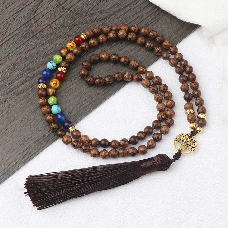 🌳 7 Chakra Wooden Japamala Necklace: Vintage Tree of Life 108 Bead Mala – Meditation, Yoga & Prayer Rosary with Healing Tassel