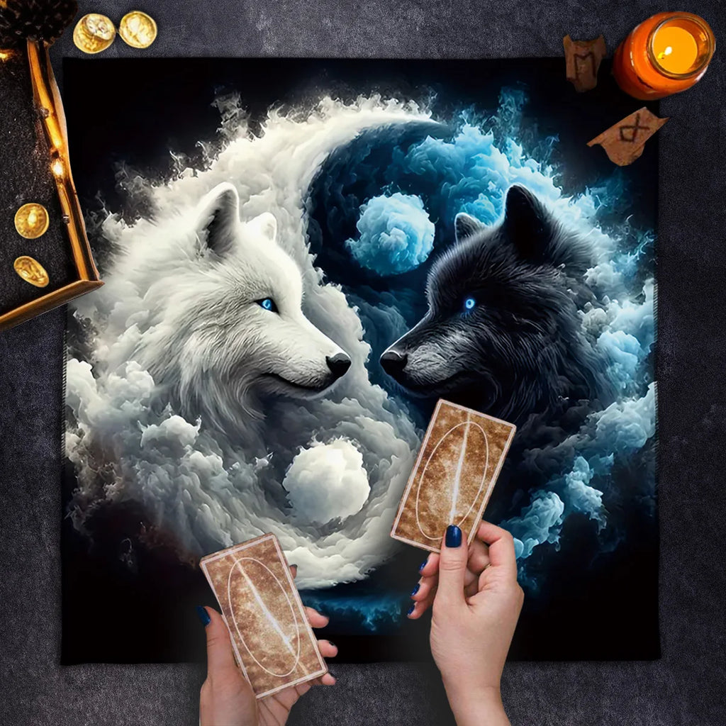 🃏Tai Chi Double Wolf Tarot Tablecloth – Yin Yang Wolf Divination Altar Cloth for Tarot Spreads, Card Games & Mystic Reading Setups