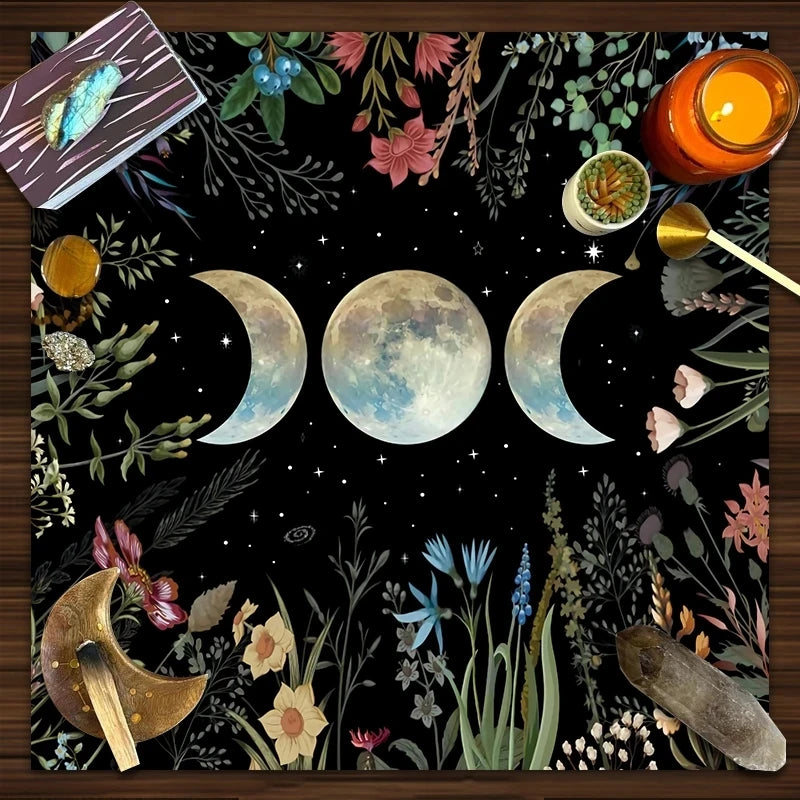 🔮 Moon Phase Garden Tarot Tablecloth – Mystical Triple Moon Altar Cloth for Divination, Witchcraft & Horoscope Rituals W-YLB-1053