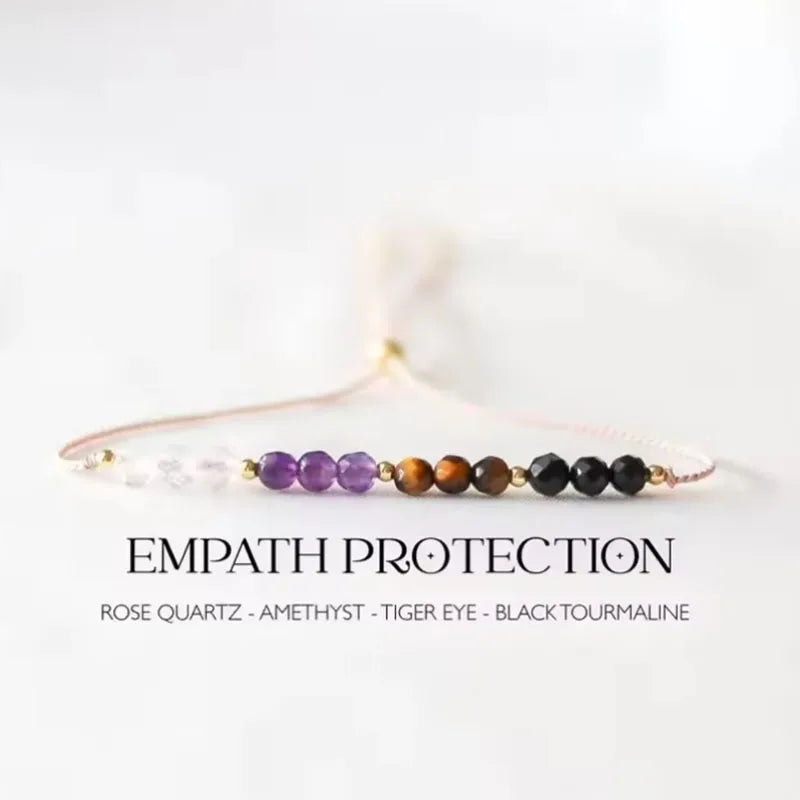 ✨ Protection Crystal Bracelet – Empath Shield with Rose Quartz, Amethyst & Black Tourmaline – Adjustable Cord Healing Jewelry