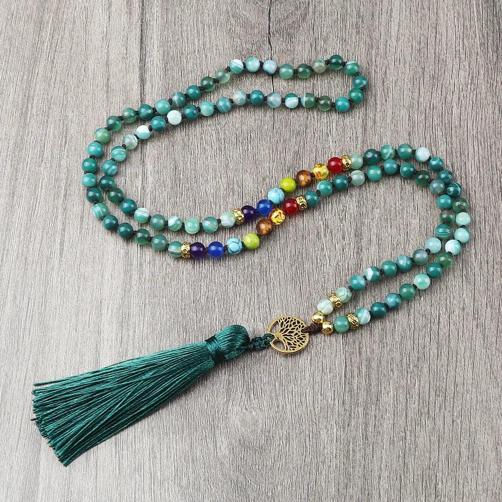 🐯 Tiger Eye & Black Onyx 108 Mala Necklace with Tree of Life Pendant – 7 Chakra Healing Crystal Beads & Protection Rosary Jewelry for Men & Women