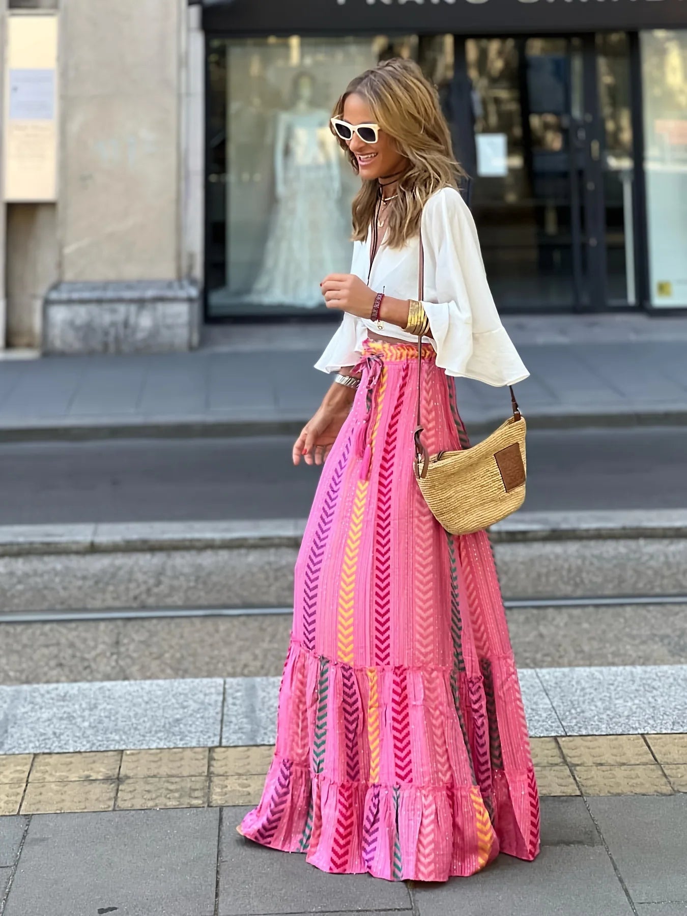 🌟 Elegant Women Green Print Elastic Waist Skirt Spring Summer Femme Patchwork Slim Skirt Streetwear Casual Ankle-Length Long Skirt Red arrow