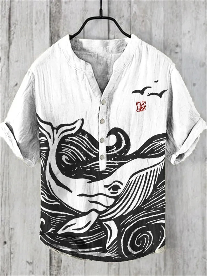 ⛩️ The Zen Crane Heritage: Premium Men’s 100% Pure Organic Linen Shirt – High-Definition Oriental Landscape Art Print, Sophisticated V-Neck Cut, and Plus Size (Up to 6XL) Luxury Casual Button-Down ARL544