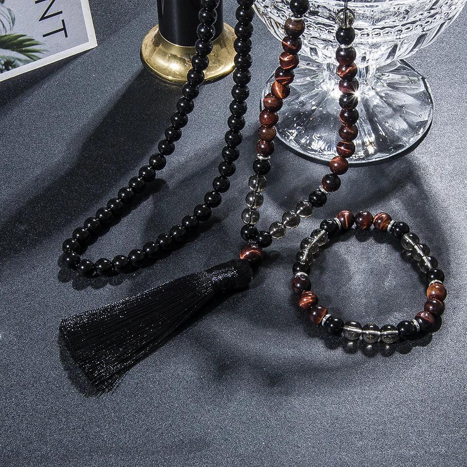 🔥 The "Ignite & Shield" Set: Red Tiger Eye & Black Onyx 108 Mala Necklace + Bracelet (Motivation & Protection)