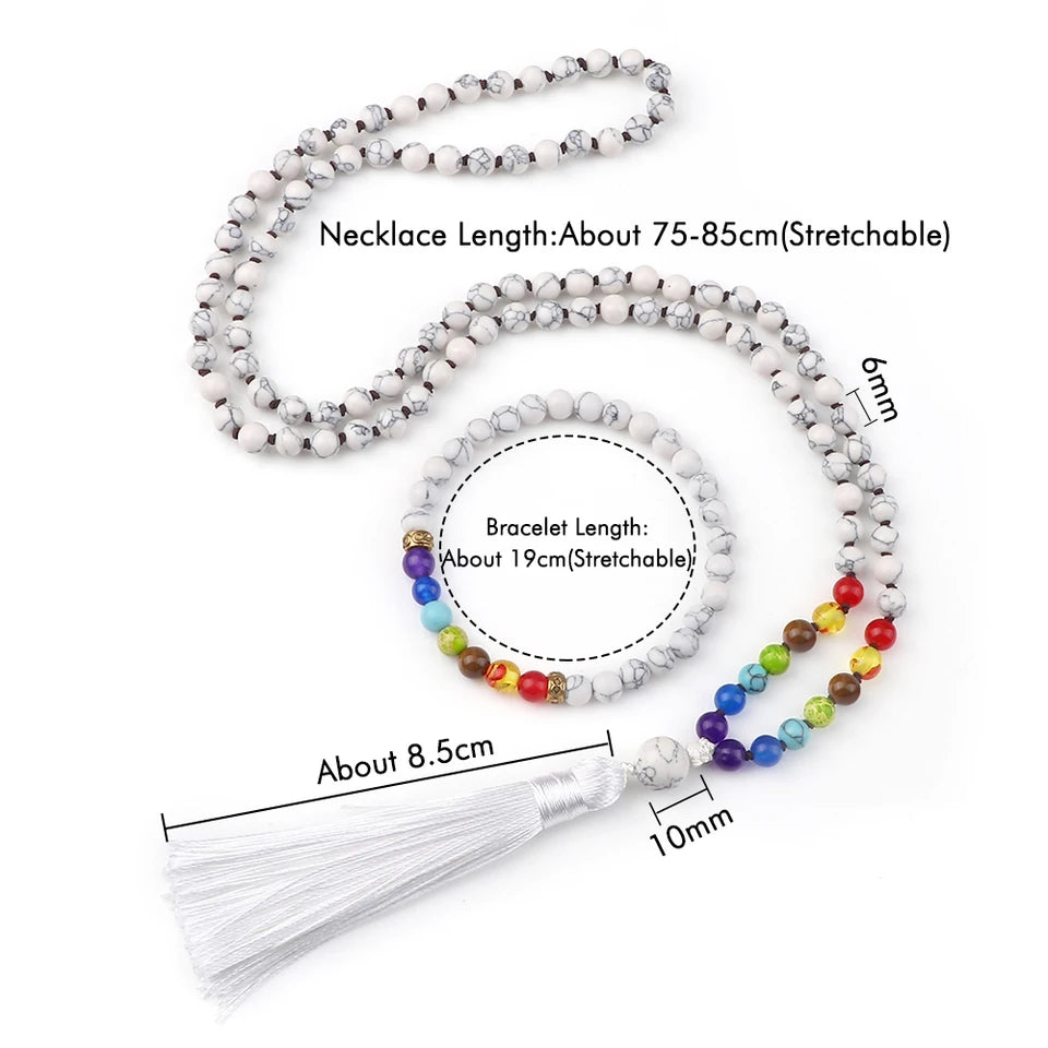 📿 108 Bead Howlite Japamala & 7 Chakra Bracelet Set: 6mm Hand-Knotted Mala Necklace – Calming Stone for Yoga Meditation & Anxiety Relief