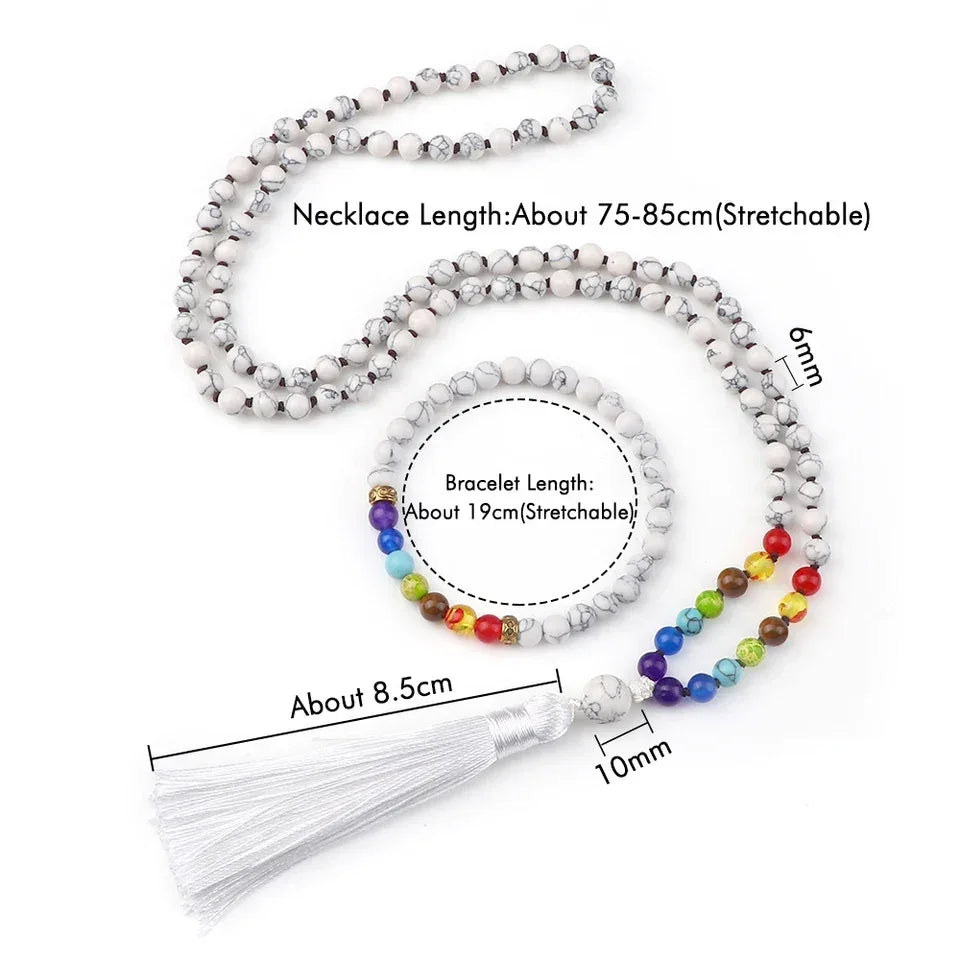 🤍 6mm White Howlite & 7 Chakra Hand-Knotted Mala Set (Necklace + Bracelet): Calming Sleep Aid & Anxiety Relief Yoga Jewelry – Meditation Japamala Rosary
