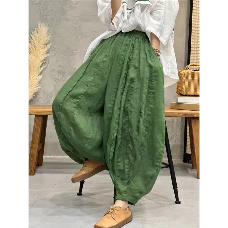 👖 Women’s Summer Autumn Cotton and Linen Bloomers Pants – Loose Fit, Vintage Floral Printed Bohemian Straight Trousers for Comfortable Fashion