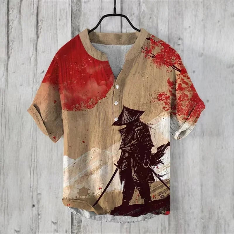 ⛩️ The Zen Crane Heritage: Premium Men’s 100% Pure Organic Linen Shirt – High-Definition Oriental Landscape Art Print, Sophisticated V-Neck Cut, and Plus Size (Up to 6XL) Luxury Casual Button-Down