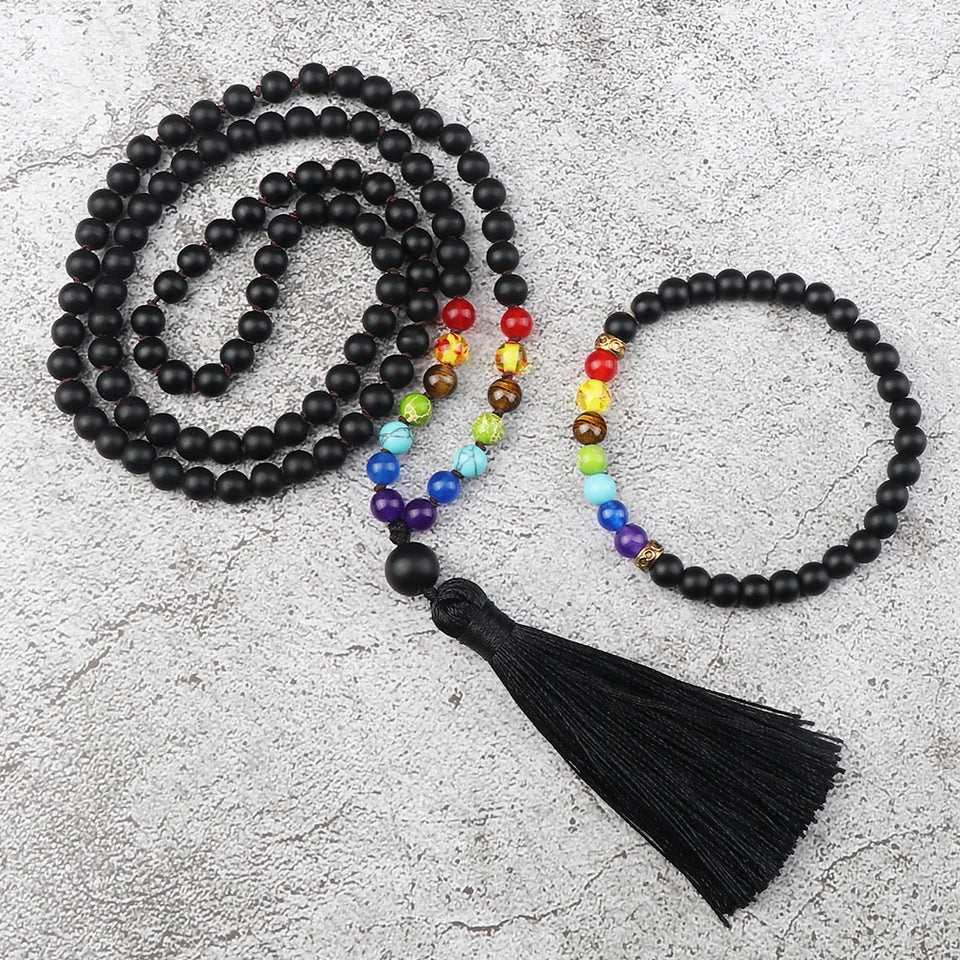 🌑 Black Onyx & 7 Chakra Mala: Shiny/Matte 108 Bead Necklace & Wrap Bracelet – Grounding, Protection & Anxiety Relief Meditation Rosary