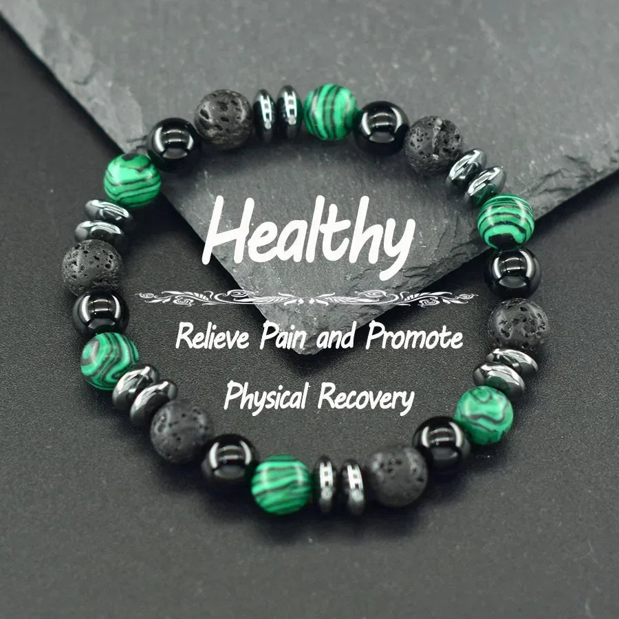 ✨ Natural Sparrow Stone and Black Volcanic Onyx Beads Bracelet – Classic Unisex Jewelry for Capillary Function and Immunity Enhancement 3 Malachite 8 mm Beads
