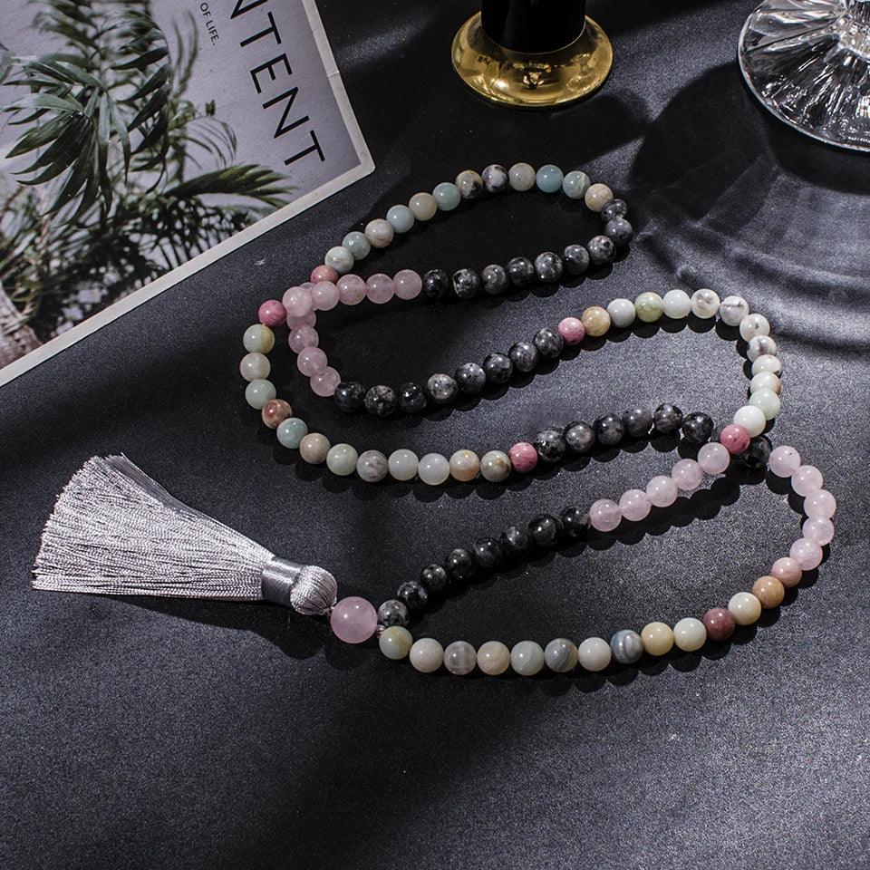 🔮 Premium Tri-Gemstone 108 Mala Beads: Amazonite, Rose Quartz & Labradorite – Heart Chakra Healing Necklace & Meditation Japamala Rosary Set