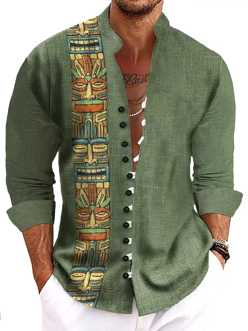 The Vintage Botanical Edition Premium Men's 3D Floral Long-Sleeve Shirt - High-Definition Retro Graphic Print Classic Turn-Down Collar, Breathable Lightweight Performance Fabric Summer Dress Apparel