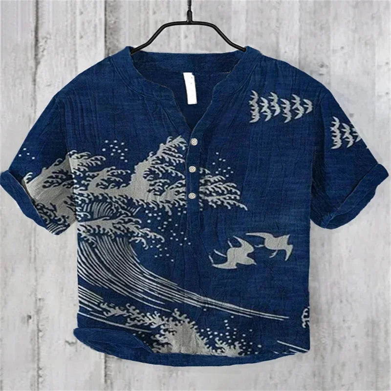 🌊 The Kanagawa Gallery Edition: Premium Men’s Summer V-Neck – High-Definition "The Great Wave off Kanagawa" Graphic Print, Breathable Linen-Blend Performance Fabric, and Sophisticated Modern-Fit Designer Tee
