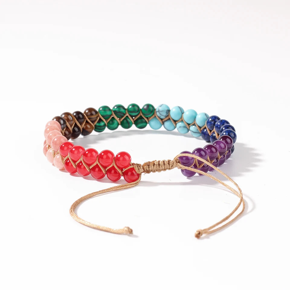 ✨ 7 Chakras Double-Layer Woven Adjustable Ankle Chain with Natural Tiger’s Eye and Colorful Beads – Boho Chic Foot Ornament for Women