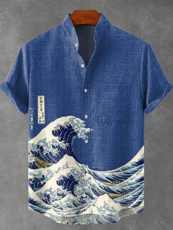 🌊 The Zen Wave Heritage: Premium Men’s 3D Printed Linen Shirt – High-Definition Retro Japanese Wave Graphic, 100% Breathable Organic Linen-Hybrid, and Sophisticated Hawaiian Beach Holiday Short-Sleeve