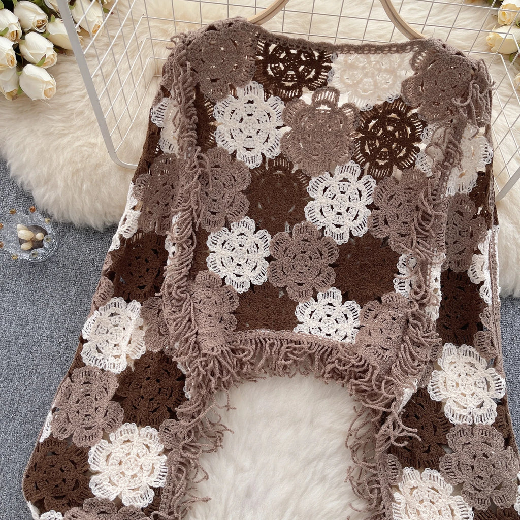 👚 SINGREINY Tassels Knit Hollow Out Top – Hook Flower Design, Long Sleeves, Women’s Streetwear, Chic Bohemian Y2K Vintage Loose Blouse