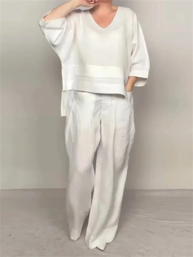 🌿 The Ethereal Asymmetry Set: Premium Women’s 2-Piece Cotton-Linen Ensemble – Avant-Garde Asymmetric Tunic, Three-Quarter Sleeve Comfort, High-Waist Wide-Leg Trousers, and Sophisticated Breathable Summer Lounge Set (S-3XL)