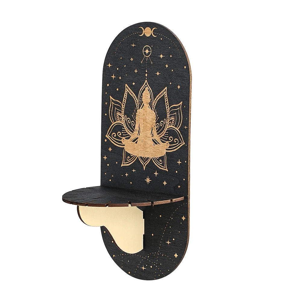 Boho Wooden Wall Bracket Floating Shelf – Hand-Carved Crystal & Candle Holder Display Stand for Spiritual and Decorative Use