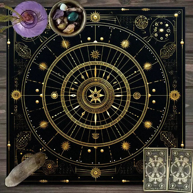 🃏 VIKAMA Astrological Energy Tablecloth – Black & Gold Planets Waterproof, Stain-Resistant Tarot Altar Cloth for Meditation, Divination & Mystic Home Decor YLB-678