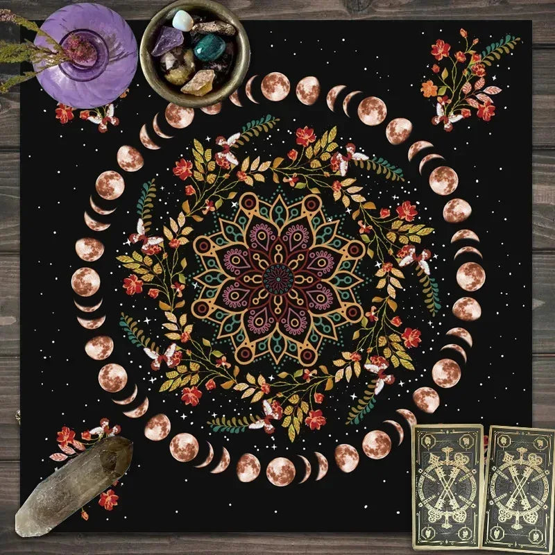 🌙 Moonlight Flower Tarot Card Table Cloth﻿ | Altar Card Mat & Witchcraft Astrology Supplies – Beautiful Decorative Card Mat for Sacred Rituals
