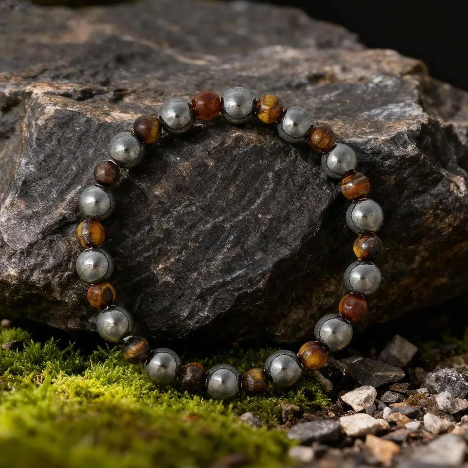 ✨ Elegant Winter Jewelry – Black and Yellow Tiger's Eye with Hematite Bead Bracelet – Perfect Gift for Husband for Daily Style