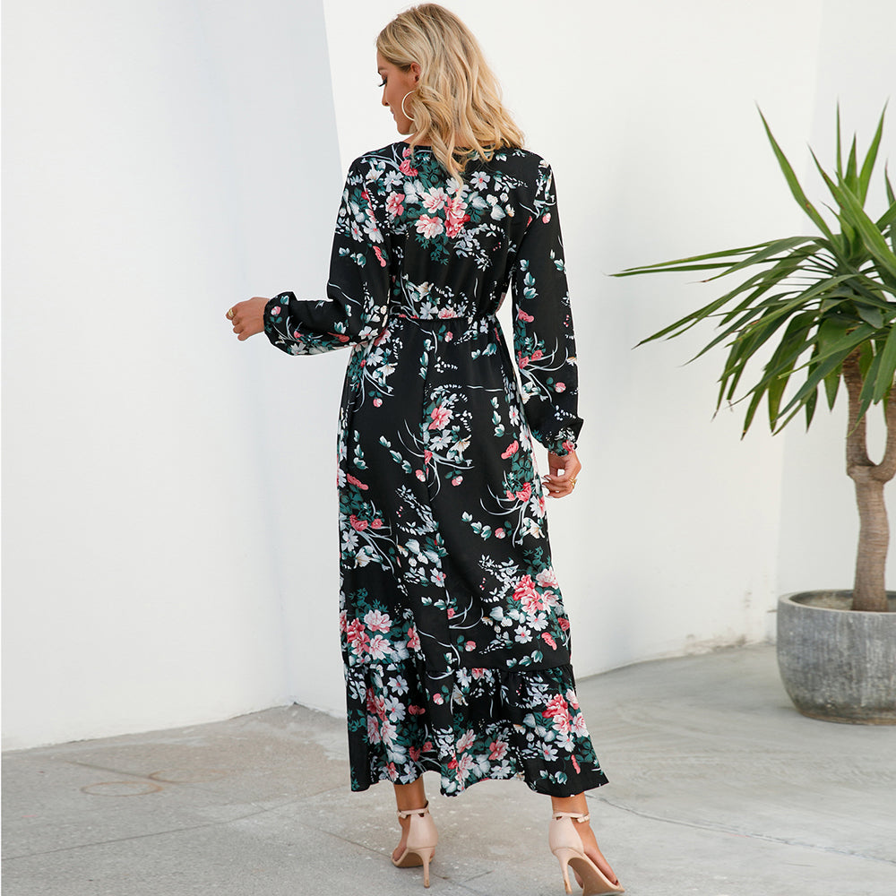👗 Women’s Bohemian Maxi Dress – Spring Autumn Casual Chiffon Dress with Full Sleeves, High Waist, and Floral Print