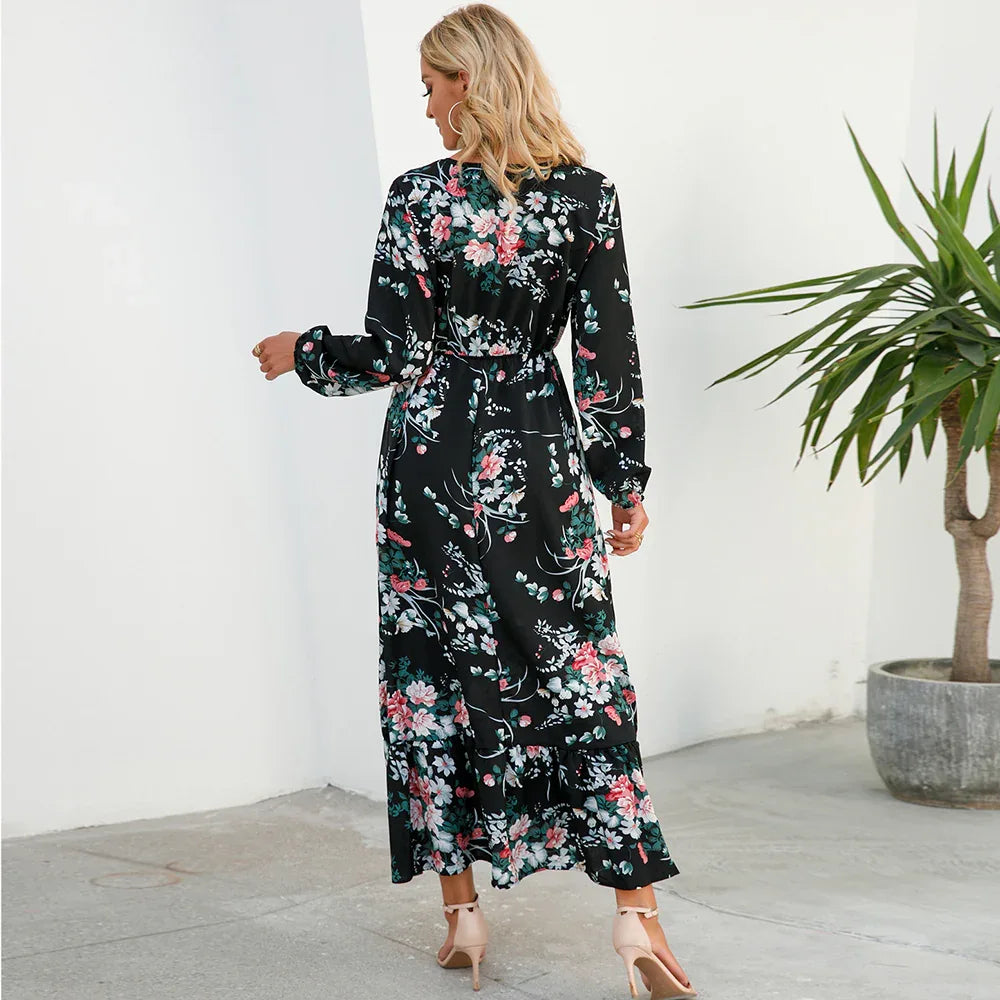 Women’s Bohemian Maxi Dress - Casual Chiffon Dress with Full Sleeves, High Waist, and Floral Print for Spring and Autumn