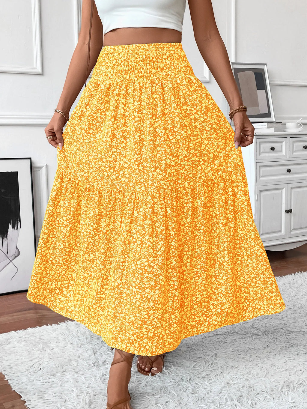 🌟 Women New Classic Printed Skirt Retro High Waist Long Skirt Casual Stylish Loose Beach Skirt Elegant Ladies Floral Pleated Skirt﻿