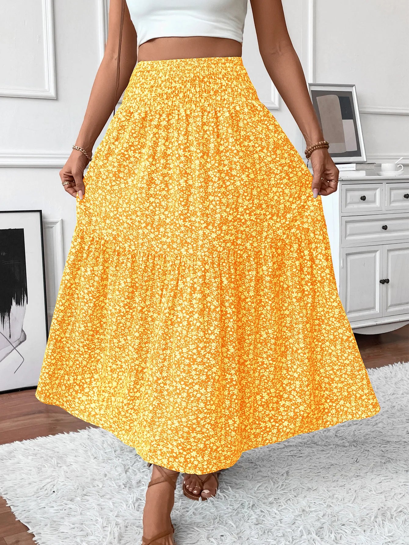 🌟 Women New Classic Printed Skirt Retro High Waist Long Skirt Casual Stylish Loose Beach Skirt Elegant Ladies Floral Pleated Skirt﻿